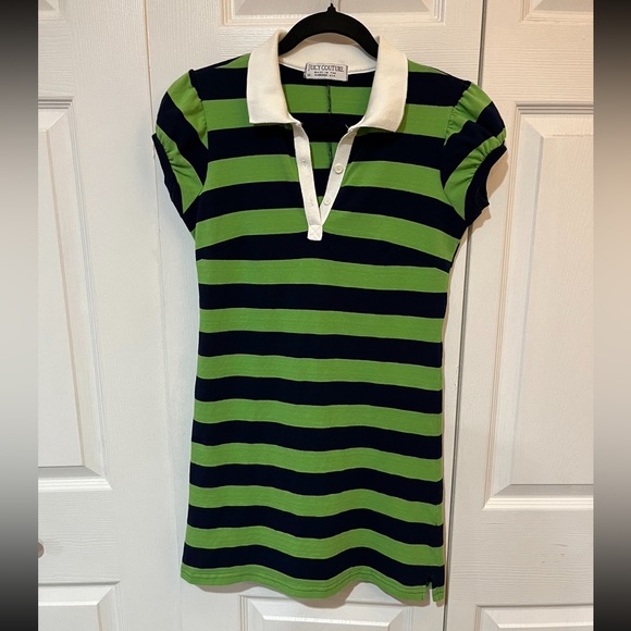 Juicy Couture long tunic top. Green/Navy stripes with white collar. Size M. - Picture 1 of 9